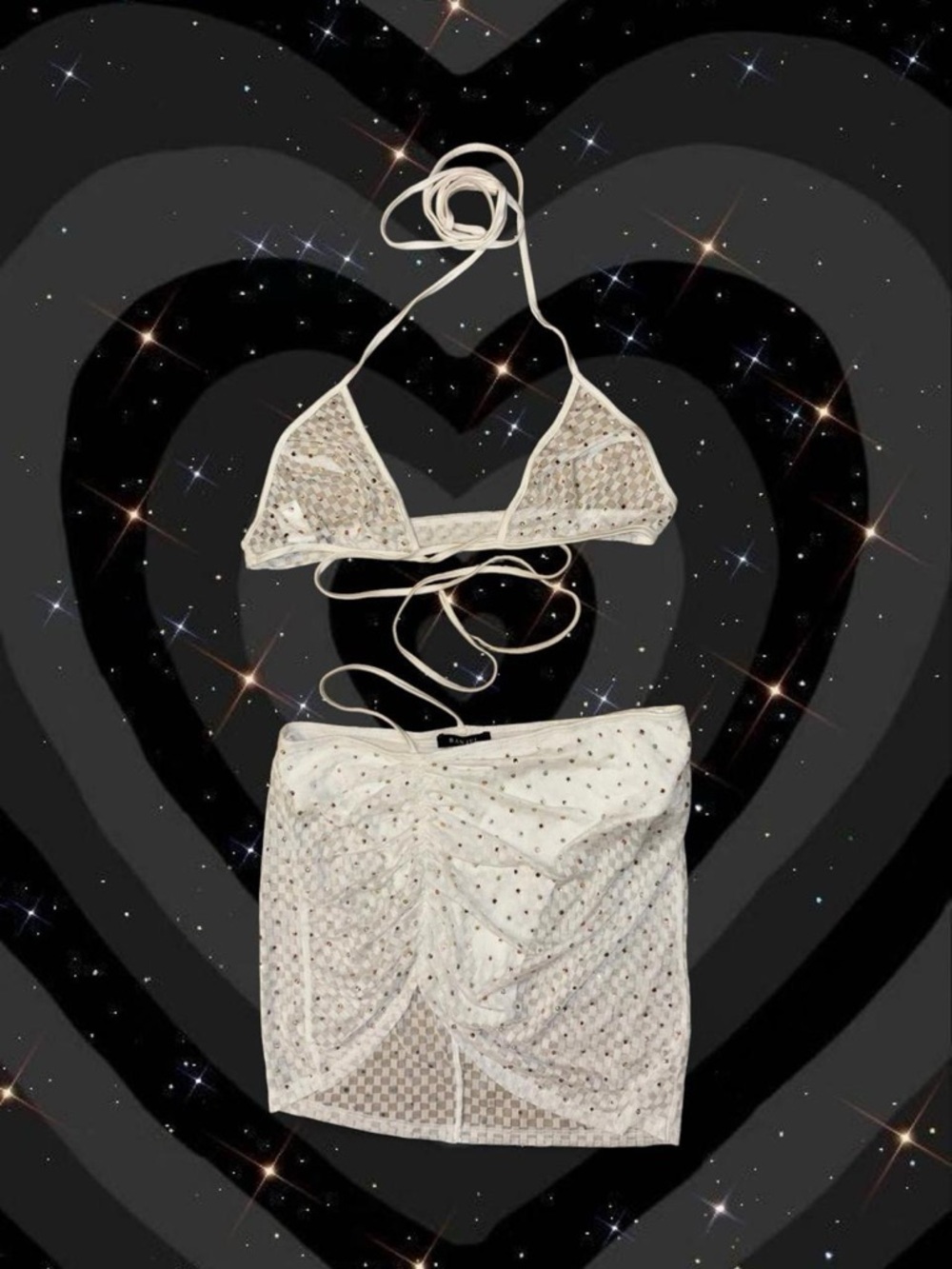 Banjul White Checkered Mesh Rhinestone Set (Bundle)